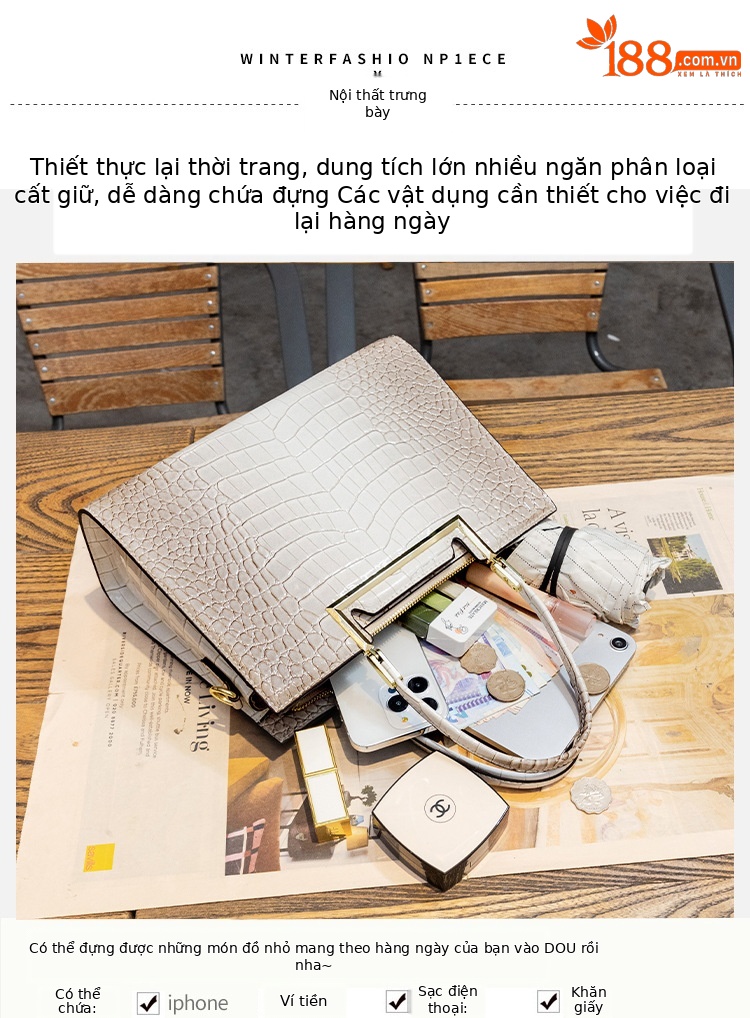 Túi tote da thật Hồng Kông phong cách đơn giản, dung tích lớn, đeo vai/chéo — Màu xám chi tiết 10