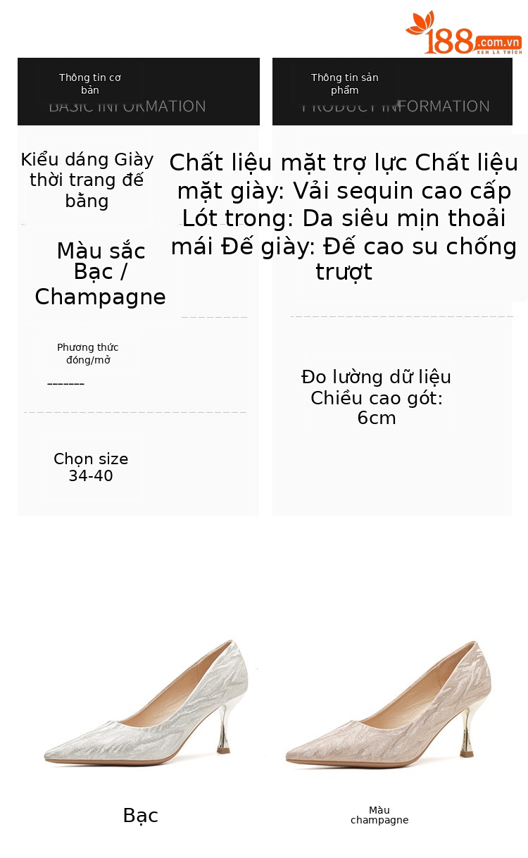 Giày cao gót mũi nhọn Jingang CG6007 gót nhọn 9 cm, đính pha lê, kiểu cô dâu mùa hè — Màu Sâm panh chi tiết 3