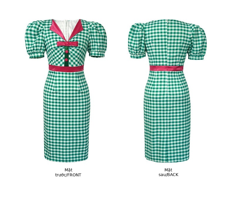 Đầm maxi nữ cổ V họa tiết kẻ ô xanh phong cách phương Tây — [Kẻ ô xanh] chi tiết 2