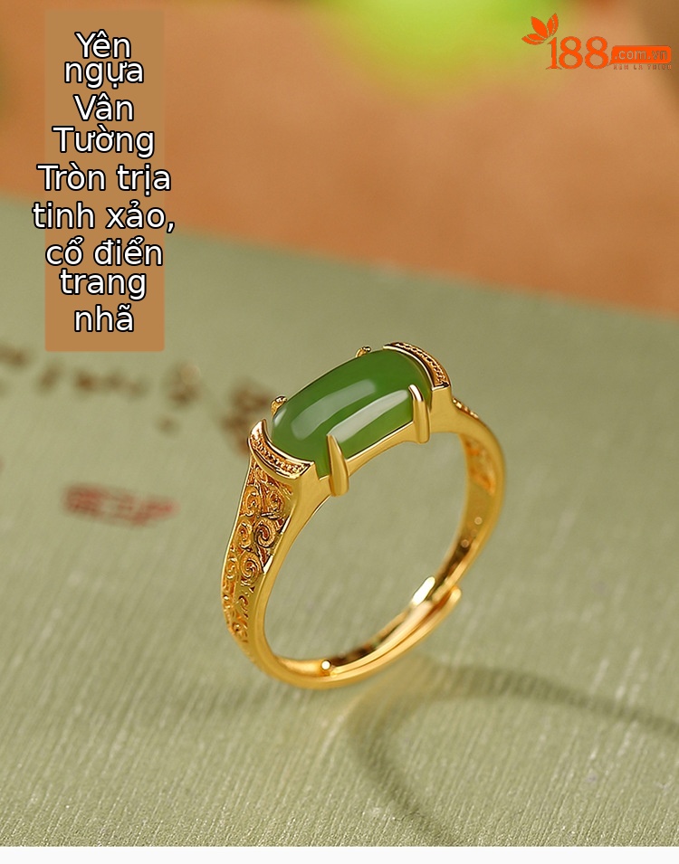 Nhẫn bạc S925 mạ vàng đính ngọc bích Hetian phong cách retro Trung Hoa — Kiểu mạ bạch kim, Kiểu mạ vàng chi tiết 1