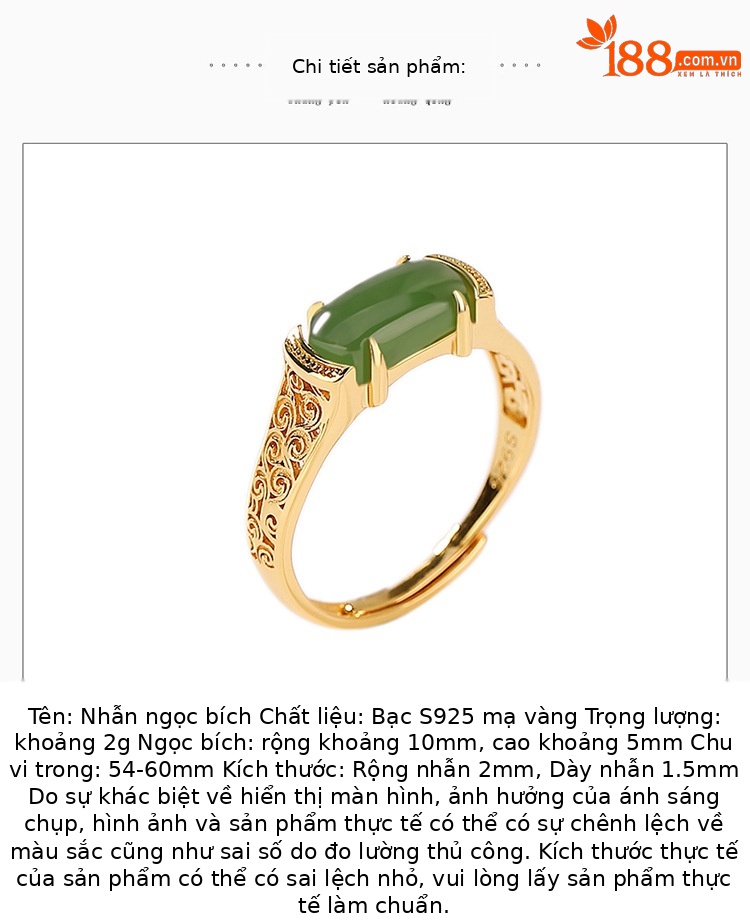 Nhẫn bạc S925 mạ vàng đính ngọc bích Hetian phong cách retro Trung Hoa — Kiểu mạ bạch kim, Kiểu mạ vàng chi tiết 2