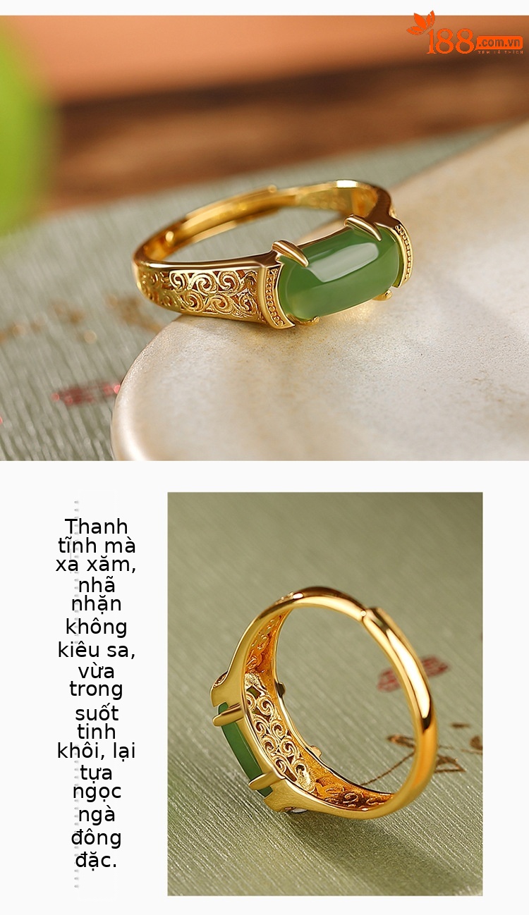 Nhẫn bạc S925 mạ vàng đính ngọc bích Hetian phong cách retro Trung Hoa — Kiểu mạ bạch kim, Kiểu mạ vàng chi tiết 3