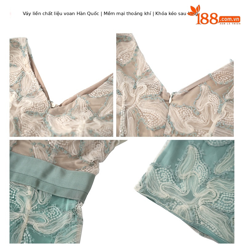 Váy đầm ôm body nữ cổ chữ V đính sequin dáng người nhỏ mùa hè — Màu xanh mơ chi tiết 1