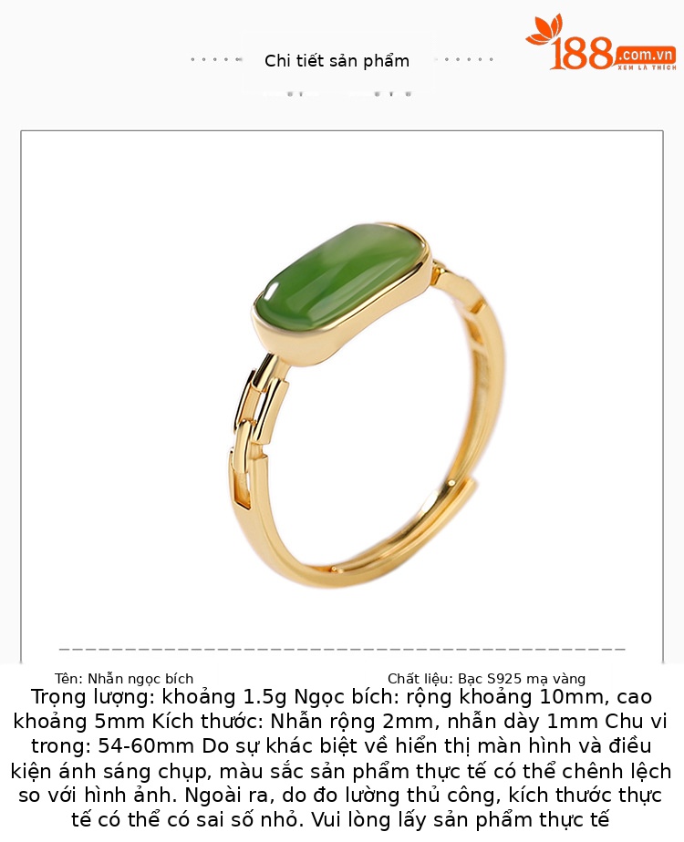 Nhẫn bạc S925 mạ vàng đính ngọc bích hình bầu dục phong cách cổ điển — Kiểu mạ bạch kim chi tiết 2