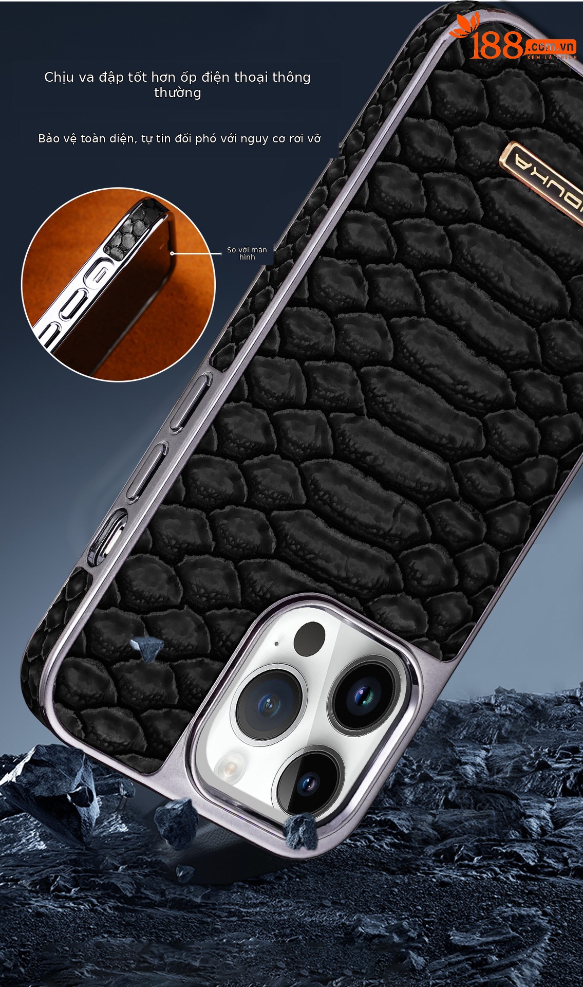 Ốp lưng da họa tiết rắn mạ điện chống rơi cho iPhone 12–16 Pro Max — [Đen] vân rắn ◆ Công nghệ mạ điện lỗ lớn, [Màu xanh lam] vân rắn ◆ Quy trình mạ điện lỗ lớn, [Màu nâu nhạt] vân rắn ◆ Quy trình mạ điện lỗ lớn, [Màu nâu sẫm] vân rắn ◆ Quy trình mạ điện lỗ lớn chi tiết 5