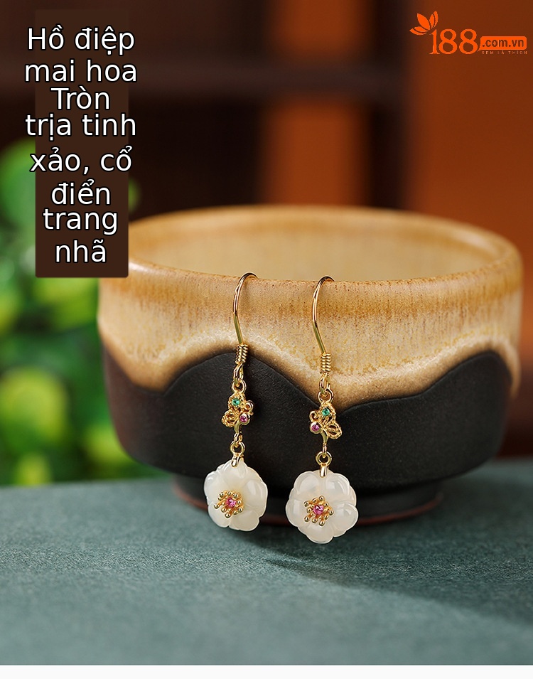 Bông tai hoa mai bướm ngọc bích mạ vàng bạc S925 phong cách cổ trang — Kiểu màu bạc chi tiết 2