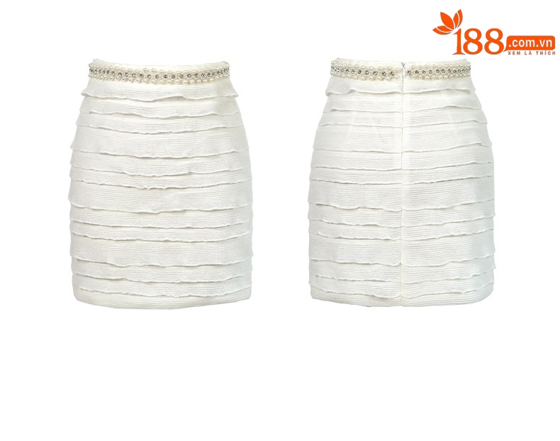 Bộ thời trang nữ phong cách Chanel áo ngắn đính đá chân váy hai mảnh — Màu trắng chi tiết 4