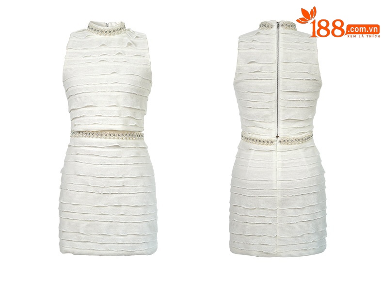 Bộ thời trang nữ phong cách Chanel áo ngắn đính đá chân váy hai mảnh — Màu trắng chi tiết 5