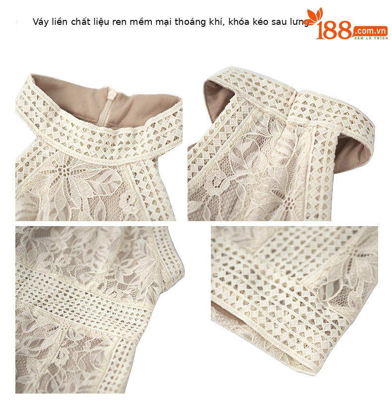 Đầm ren chữ A cổ halter trễ vai eo thon kiểu Pháp — Màu mơ chi tiết 1