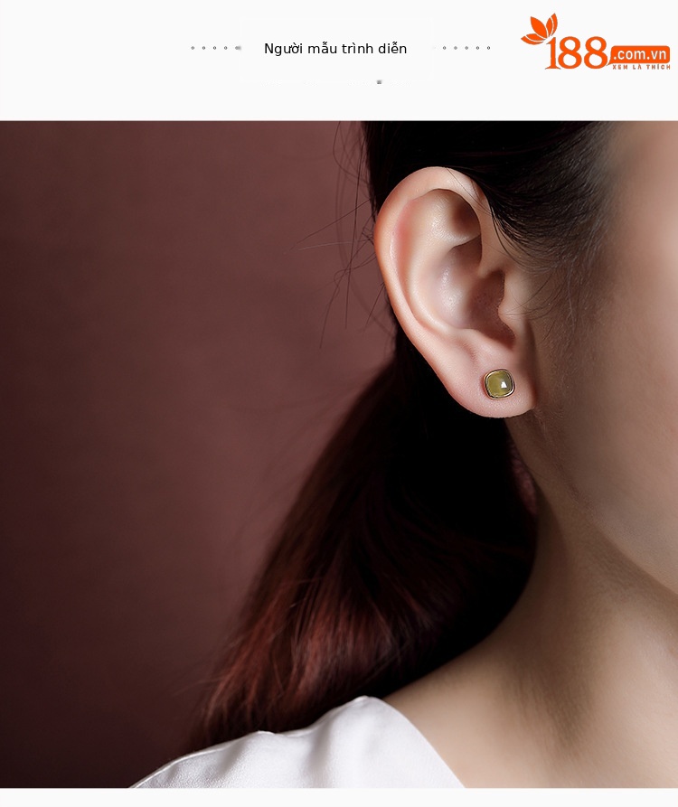 Khuyên tai nữ bạc S925 mạ vàng đính ngọc bích vuông phong cách cổ điển — Một cặp chi tiết 4