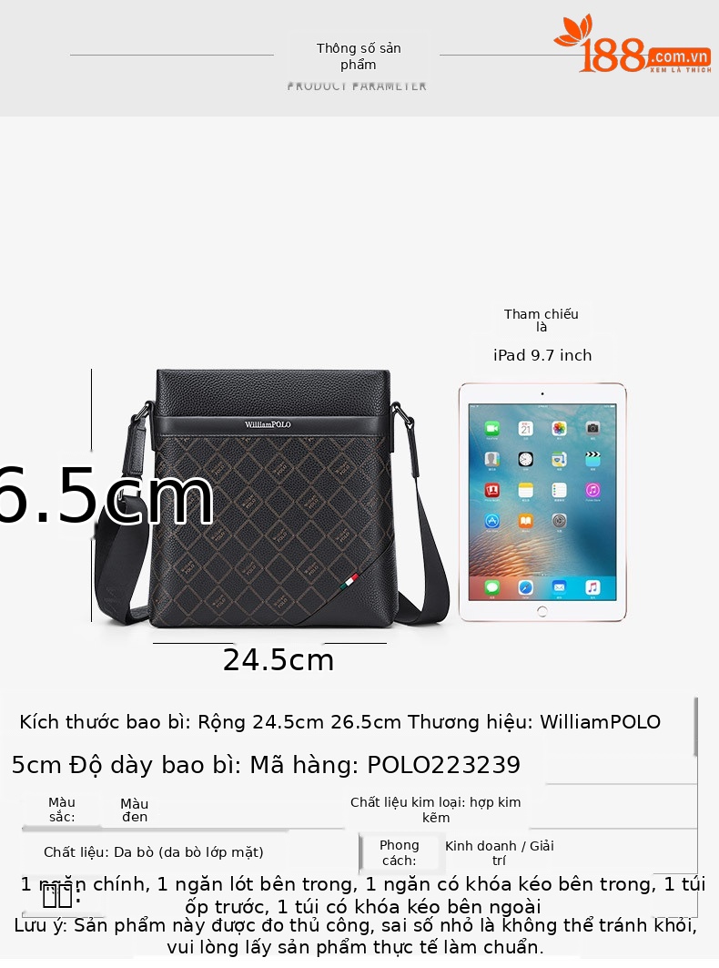 Túi đeo chéo nam da bò thật lớp đầu tiên Paul mềm mại chi tiết 9