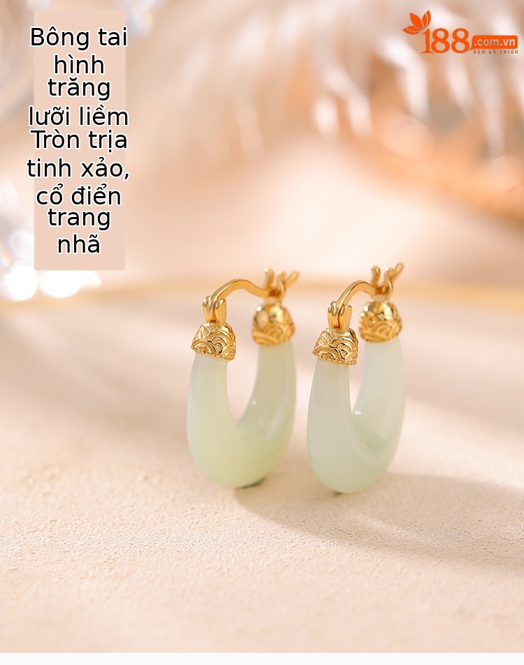 Bông tai hình chữ U ngọc bích Hetian mạ vàng bạc S925 đơn giản cao cấp — Màu vàng, Màu bạc chi tiết 2