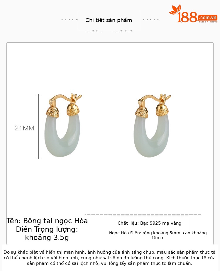 Bông tai hình chữ U ngọc bích Hetian mạ vàng bạc S925 đơn giản cao cấp — Màu vàng, Màu bạc chi tiết 3