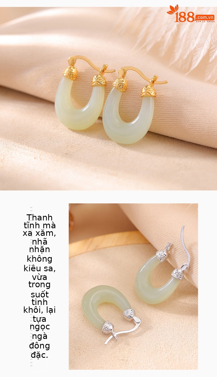 Bông tai hình chữ U ngọc bích Hetian mạ vàng bạc S925 đơn giản cao cấp — Màu vàng, Màu bạc chi tiết 4