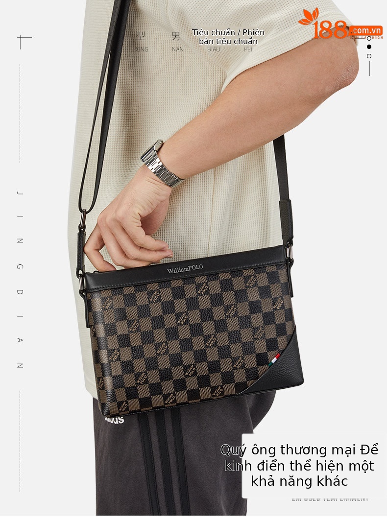 Túi đeo chéo nam họa tiết bàn cờ da PU dung tích lớn phong cách casual chi tiết 5