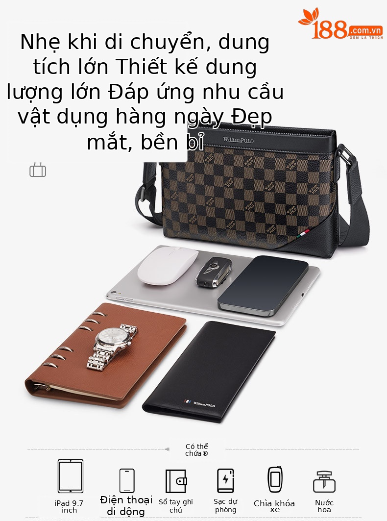 Túi đeo chéo nam họa tiết bàn cờ da PU dung tích lớn phong cách casual chi tiết 9