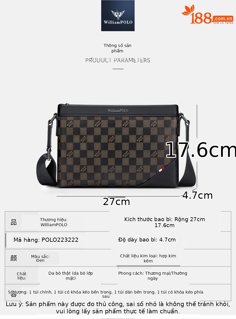 Túi đeo chéo nam họa tiết bàn cờ da PU dung tích lớn phong cách casual chi tiết 12