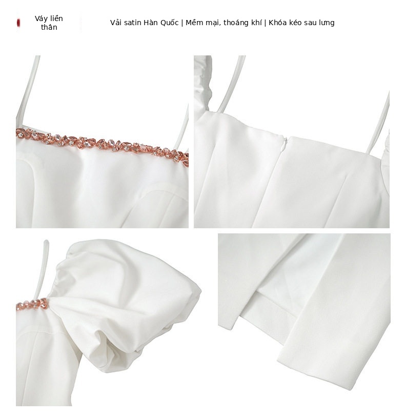 Đầm ôm body nữ cổ yếm tay ngắn xẻ tà trắng — [Trắng], [Vàng] chi tiết 2