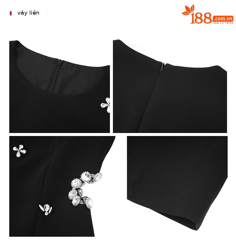 Đầm đen không tay thiết kế đính kim cương giả, khoét eo, ôm body — Màu đen chi tiết 3