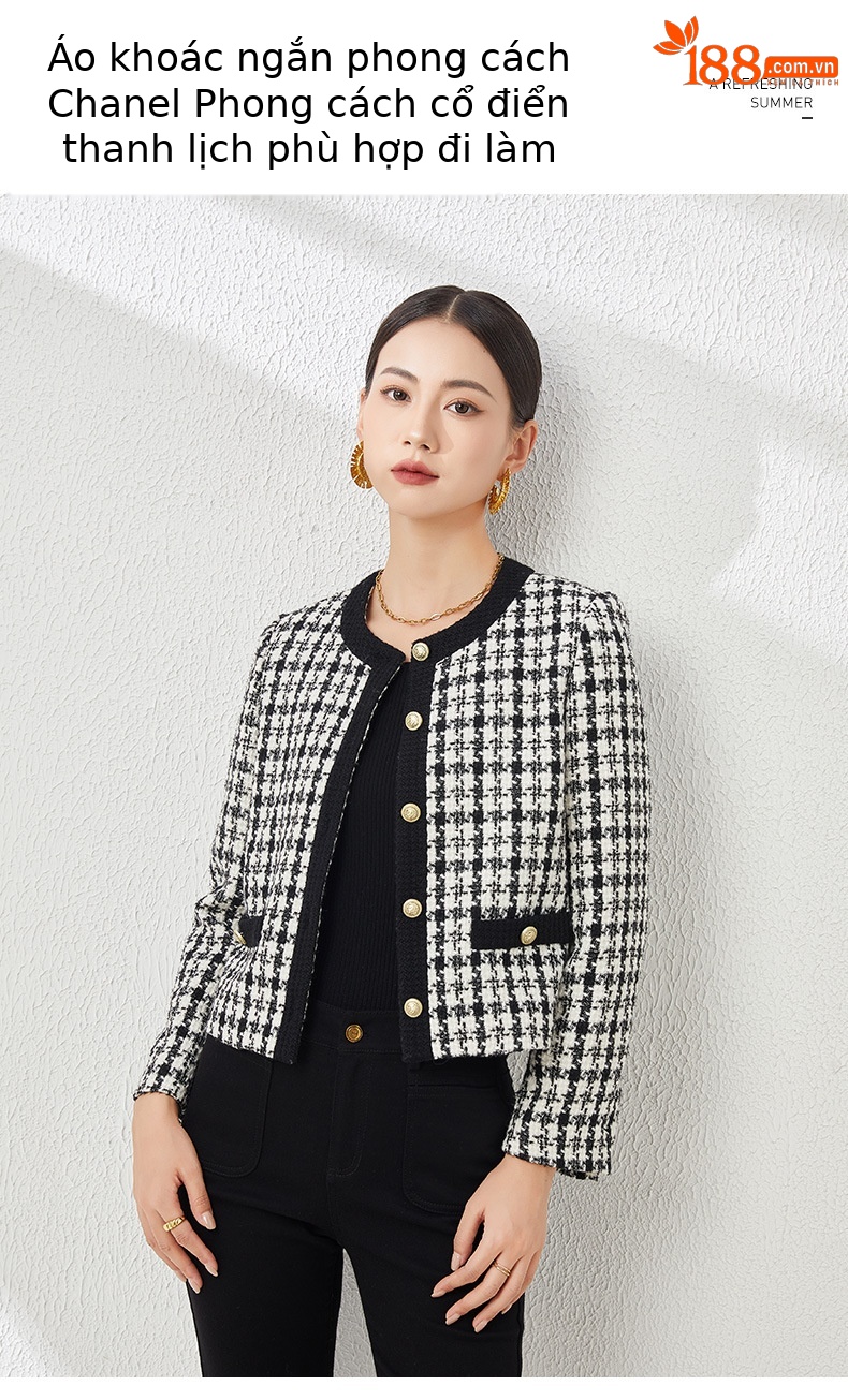 Áo khoác dáng ngắn họa tiết răng cưa kiểu Chanel, phong cách Hàn Quốc, form rộng — Ca rô chi tiết 1