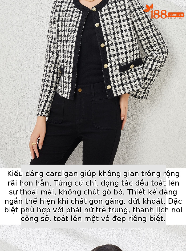 Áo khoác dáng ngắn họa tiết răng cưa kiểu Chanel, phong cách Hàn Quốc, form rộng — Ca rô chi tiết 4