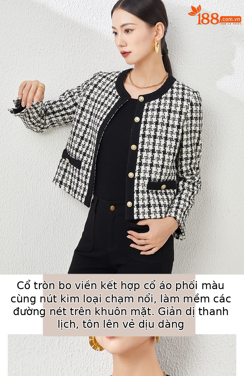Áo khoác dáng ngắn họa tiết răng cưa kiểu Chanel, phong cách Hàn Quốc, form rộng — Ca rô chi tiết 5