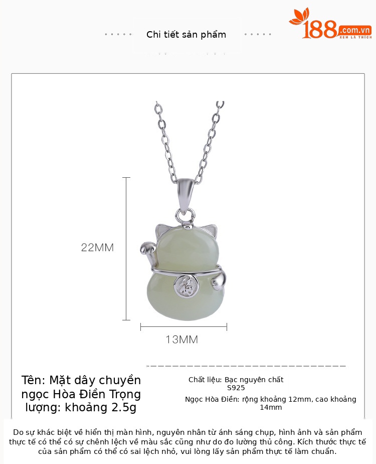 Mặt dây chuyền bạc S925 hình mèo con may mắn đính ngọc bích Hetian — Mặt Dây chuyền đơn (không có dây chuyền) chi tiết 3
