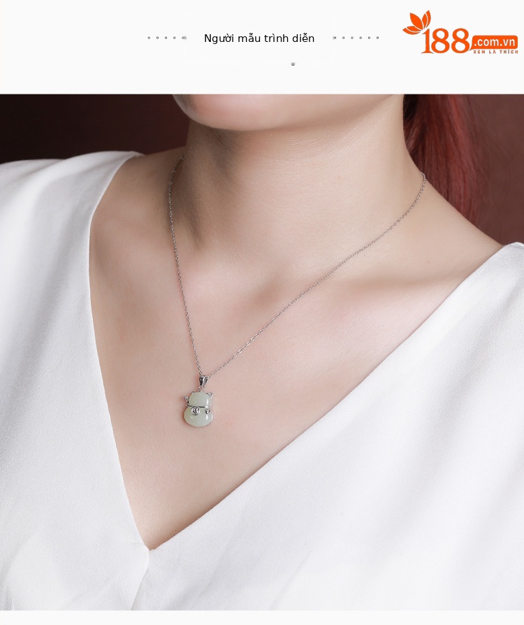 Mặt dây chuyền bạc S925 hình mèo con may mắn đính ngọc bích Hetian — Mặt Dây chuyền đơn (không có dây chuyền) chi tiết 5
