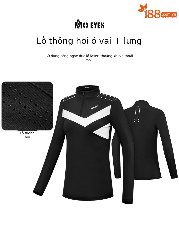 Áo phông dài tay golf nữ khóa kéo cổ đứng thoáng khí — M23YF008-Áo màu đen, M23YF008-Áo màu trắng
