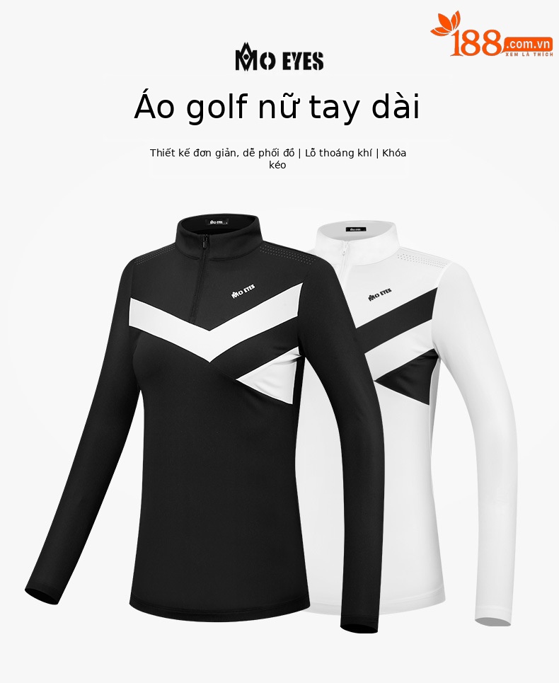 Áo phông dài tay golf nữ khóa kéo cổ đứng thoáng khí — M23YF008-Áo màu đen, M23YF008-Áo màu trắng chi tiết 2