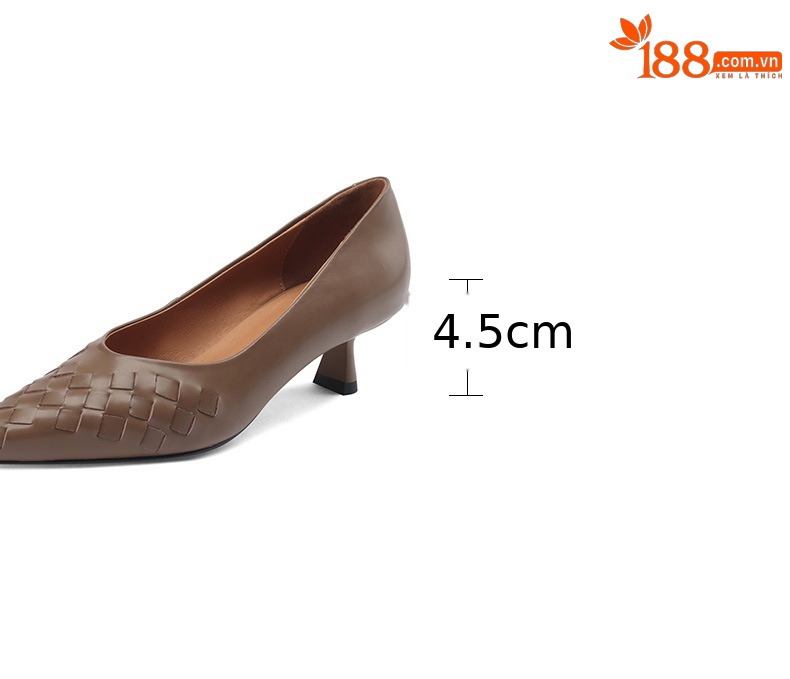 Giày da bò mũi nhọn dệt cổ điển nữ gót trung — Màu đen chi tiết 5