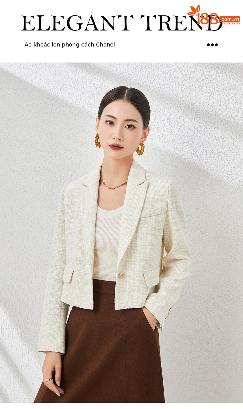 Áo blazer len ngắn nữ thiết kế độc đáo, phong cách mùa thu — Màu be chi tiết 1