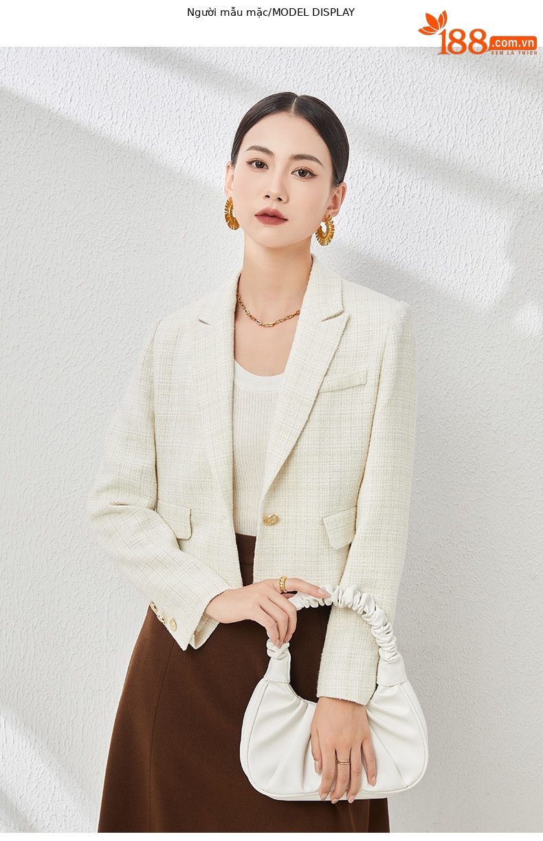 Áo blazer len ngắn nữ thiết kế độc đáo, phong cách mùa thu — Màu be chi tiết 10