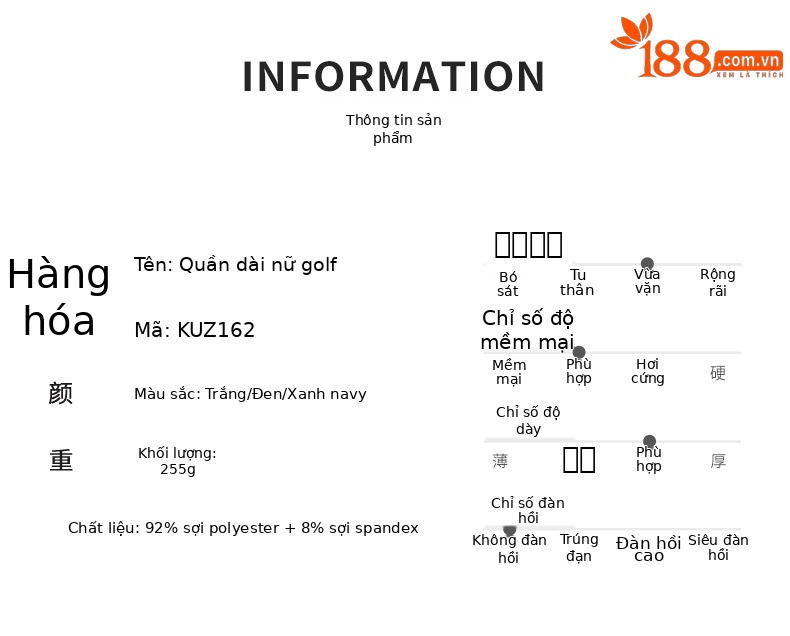 Quần golf nữ dài ống loe PGM vải thể thao khóa kéo vô hình túi thon gọn — KUZ162-màu đen, KUZ162-màu xanh hải quân, KUZ162-màu trắng chi tiết 2