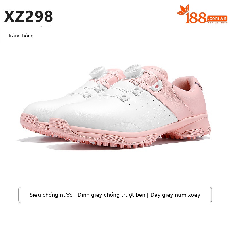 Giày golf nữ PGM chống nước dây buộc núm đế đàn hồi cao — XZ298-Trắng hồng