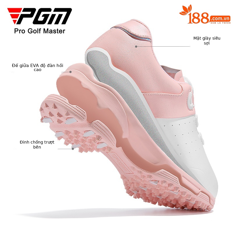Giày golf nữ PGM chống nước dây buộc núm đế đàn hồi cao — XZ298-Trắng hồng