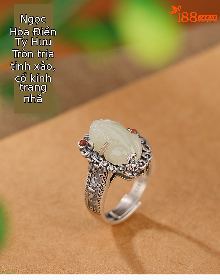 Nhẫn Pixiu ngọc bích Hetian bạc S925 thiết kế cổ điển Trung Hoa — Mở (một kích thước) chi tiết 2