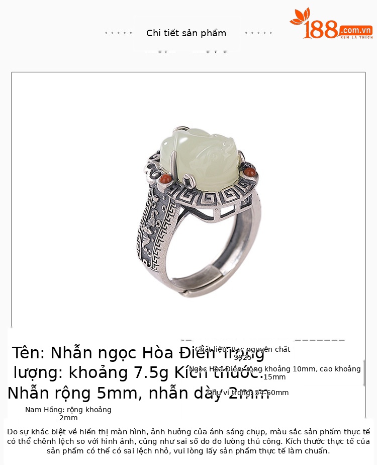 Nhẫn Pixiu ngọc bích Hetian bạc S925 thiết kế cổ điển Trung Hoa — Mở (một kích thước) chi tiết 3