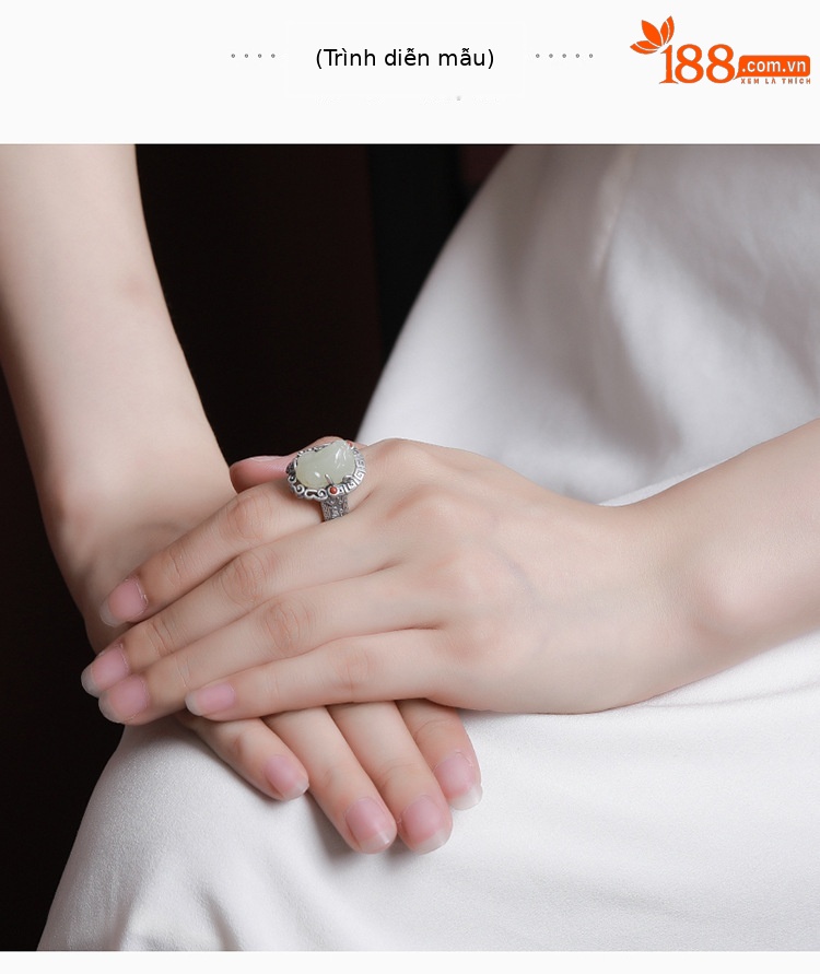 Nhẫn Pixiu ngọc bích Hetian bạc S925 thiết kế cổ điển Trung Hoa — Mở (một kích thước) chi tiết 5