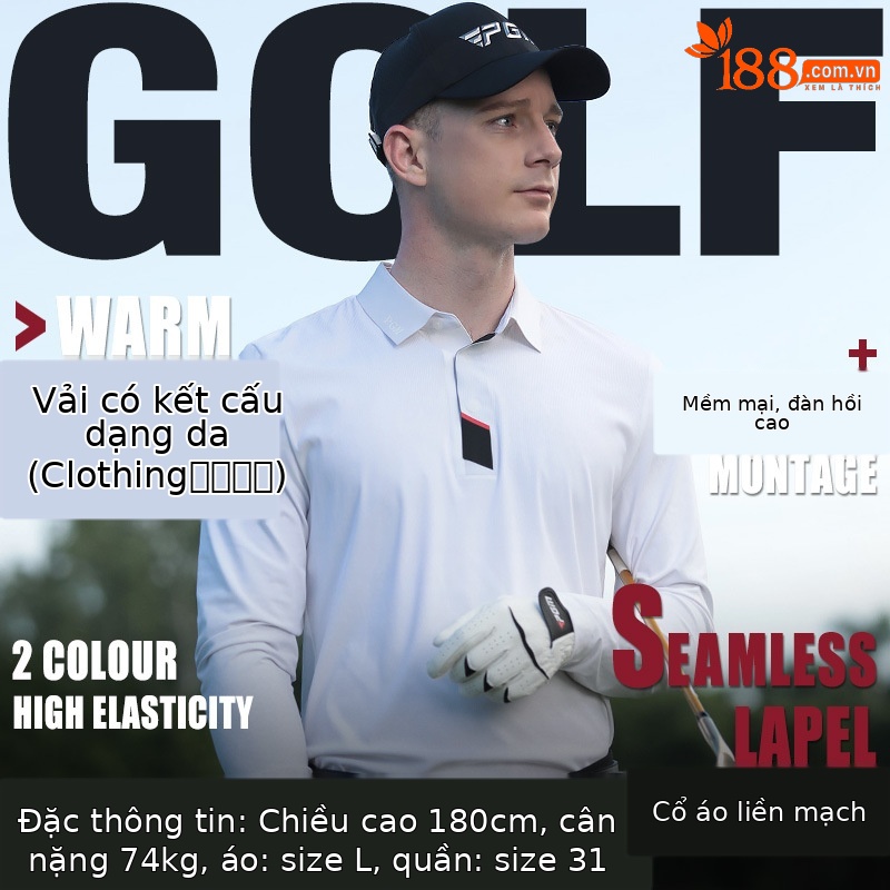 Áo polo golf nam dài tay cổ bẻ liền mạch PGM chất liệu co giãn cao — YF634-Áo màu trắng, KUZ167-Quần kaki, KUZ167-Quần Trắng, YF634-Áo màu xanh nước biển