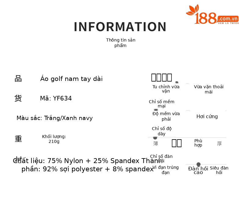 Áo polo golf nam dài tay cổ bẻ liền mạch PGM chất liệu co giãn cao — YF634-Áo màu trắng, KUZ167-Quần kaki, KUZ167-Quần Trắng, YF634-Áo màu xanh nước biển chi tiết 2