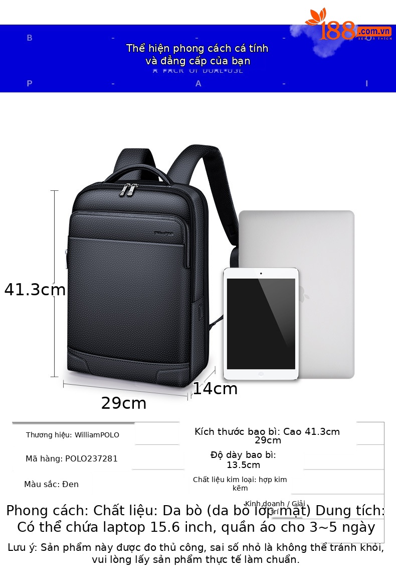 Ba lô da Emperor Paul cho nam, đựng laptop 15 inch, chất da bò họa tiết vân nổi chi tiết 11