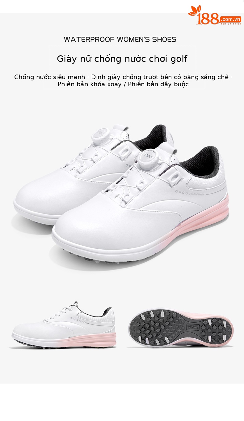Giày golf nữ chống thấm nước sợi nhỏ, khóa quay/dây giày chống trượt — XZ301-Trắng hồng (kiểu dây giày), XZ301-Trắng hồng (kiểu khóa quay), XZ301-màu kem kim cương hồng chi tiết 3