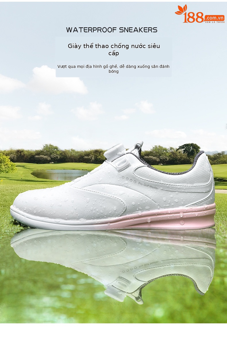 Giày golf nữ chống thấm nước sợi nhỏ, khóa quay/dây giày chống trượt — XZ301-Trắng hồng (kiểu dây giày), XZ301-Trắng hồng (kiểu khóa quay), XZ301-màu kem kim cương hồng chi tiết 5