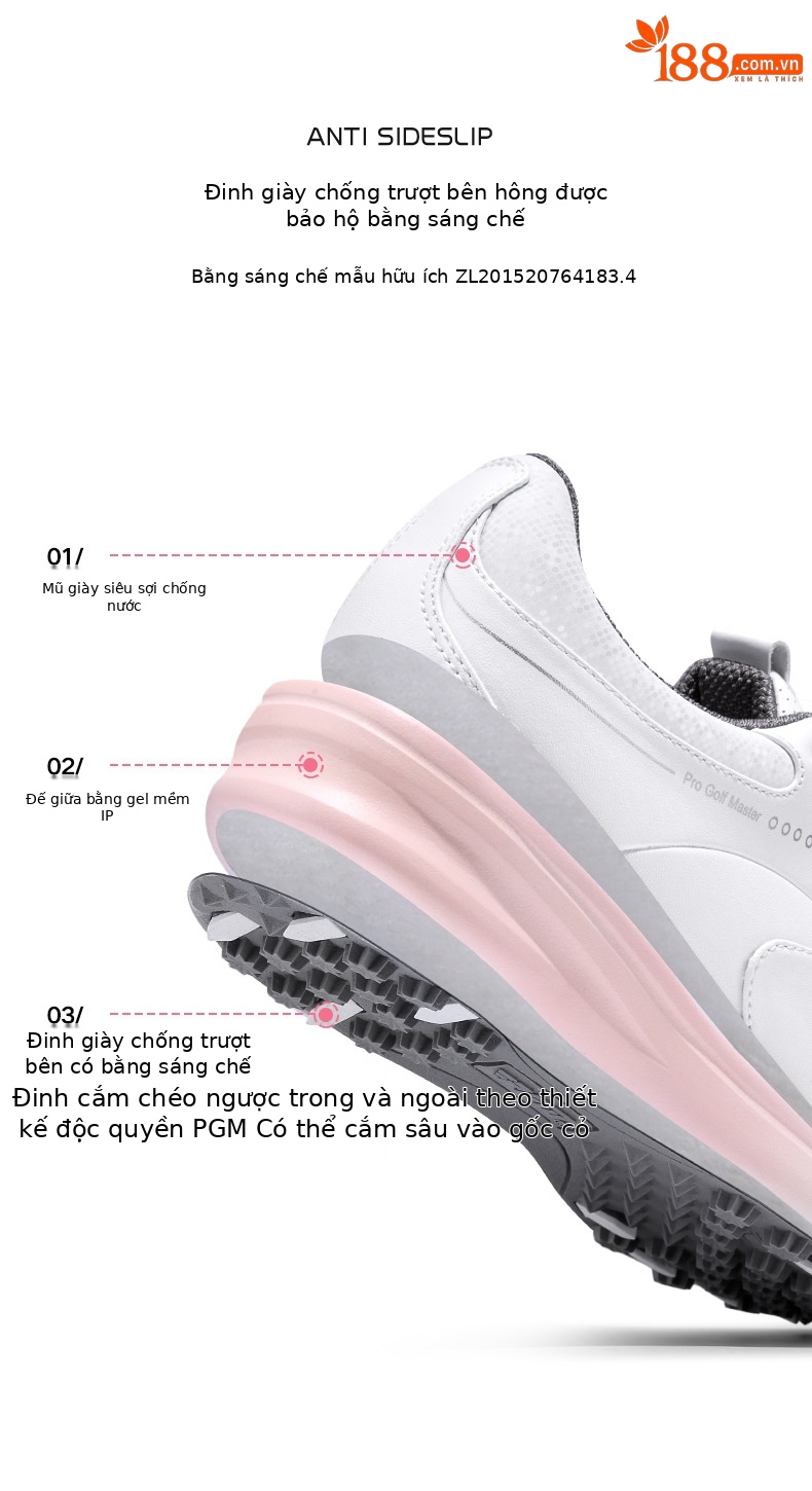Giày golf nữ chống thấm nước sợi nhỏ, khóa quay/dây giày chống trượt — XZ301-Trắng hồng (kiểu dây giày), XZ301-Trắng hồng (kiểu khóa quay), XZ301-màu kem kim cương hồng chi tiết 4