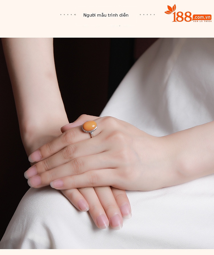Nhẫn mặt trứng hoa văn sáp ong bạc nguyên chất S925 hình hươu — Mở (một kích thước) chi tiết 5