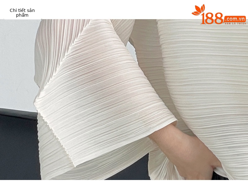 Áo thun nữ dài tay cổ tròn xếp ly giảm béo phong cách Miyake — Màu xanh lam nhạt chi tiết 3