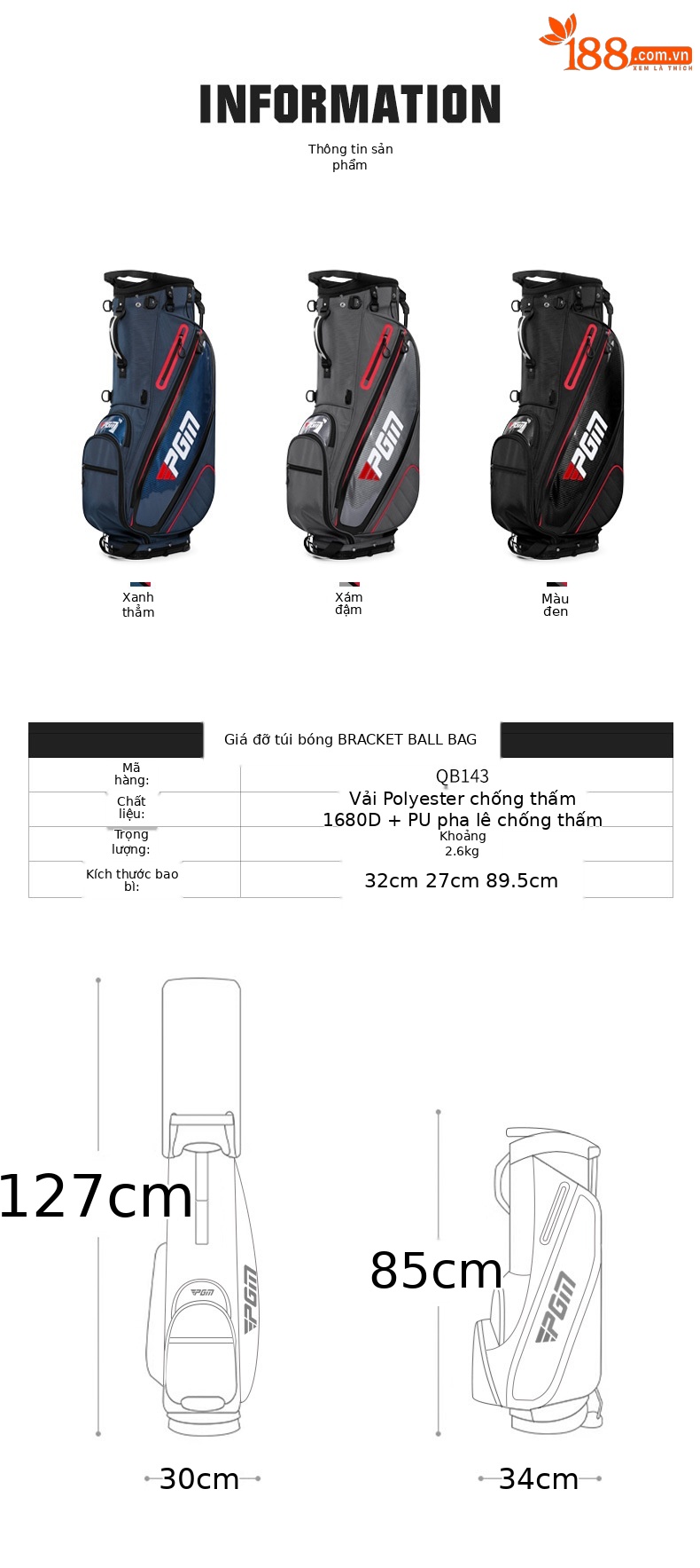 Túi đựng gậy golf PGM chống nước có chân đế, kích thước 127x34x30 cm — QB143-Màu đen, QB143-màu xám đậm, QB143-màu xanh đậm chi tiết 7