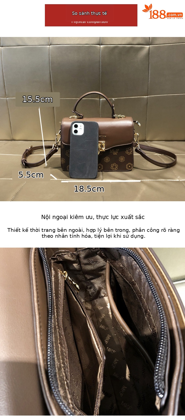 Túi đeo chéo nữ da thật dáng vuông nhỏ phong cách Hồng Kông — In hoa cà phê, Màu nâu cà phê chi tiết 2