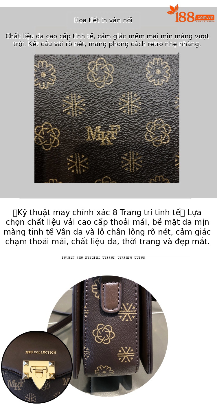 Túi đeo chéo nữ da thật dáng vuông nhỏ phong cách Hồng Kông — In hoa cà phê, Màu nâu cà phê chi tiết 3